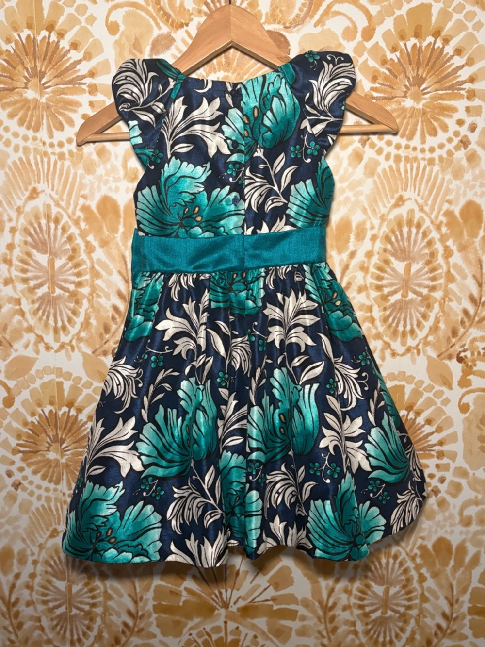 Girls Floral Party Dress Teal Navy Bow Waist Holiday Special Occasion Dress - Picture 5 of 8